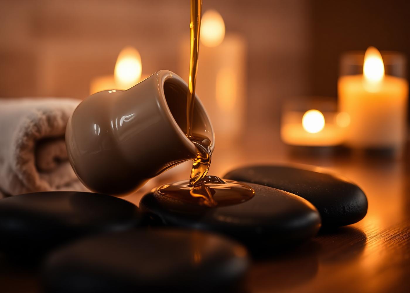 Rituel du massage — huile chaude versée sur pierre polie